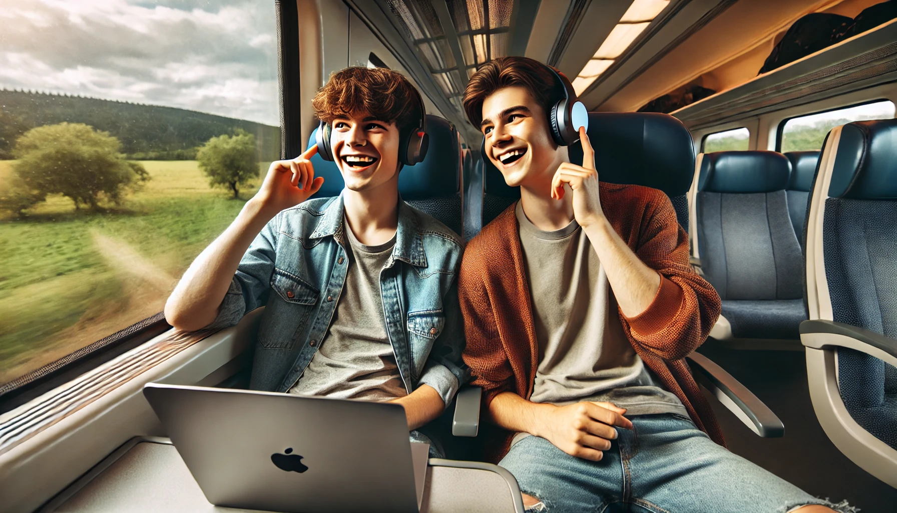 Teenagers sharing a train ride, listening to music together using PairPods on macOS